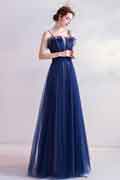 Blue Spaghetti Straps Shiny Tulle Evening Prom Dress