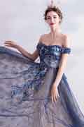 Blue Sexy OFF Shoulder Embroidery Tulle Party Evening Gown
