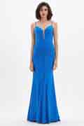 Blue Spaghetti V-Cut Mermaid Party Evening Dress