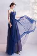 Blue Spaghetti Straps Shiny Tulle Evening Prom Dress