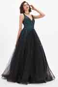 Robe de Soirée Vert Brillant & Tulle Noir à V Col
