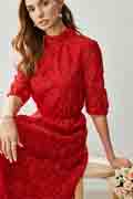 Red High Neck Half Sleeves Tea Length Daydress / Partydress