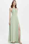 Green Halter Lace Decoration High Slit Bridesmaid Dress