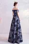 Blue Print Off Shoulder Empire Party Prom Evening Dress