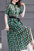 New Women Green UP-Collar Printed Floral Party Summer Dress