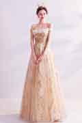Gold Classic Off Shoulder A-line Evening Dress Prom Gown
