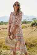 Women 3/4 Sleeves Holiday Dress Floral Print V Neck Summer Mixi Dress