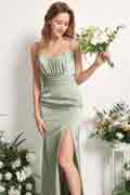 Robe demoiselle d'honneur sirène trompette satin, bretelles spaghetti, sans manches, asymétrique, mariage