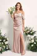 Robe demoiselle d’honneur A‑line en satin à épaules dénudées, sans manches et longueur au sol pour mariage