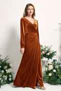 A‑Linien Samt V‑Ausschnitt bodenlanges Langarm Brautjungfernkleid für Hochzeiten