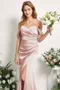 Robe demoiselle d’honneur A‑line en satin à épaules dénudées, sans manches et longueur au sol pour mariage