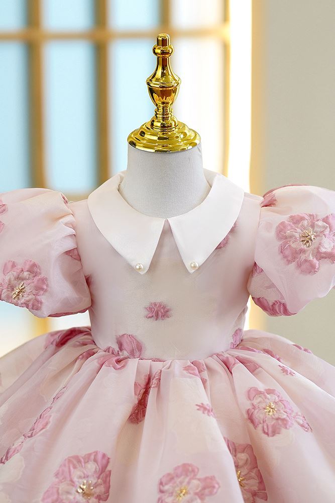 Prinzessin Kragenhals Wadenlang Organza Blumenmädchenkleider Rosa