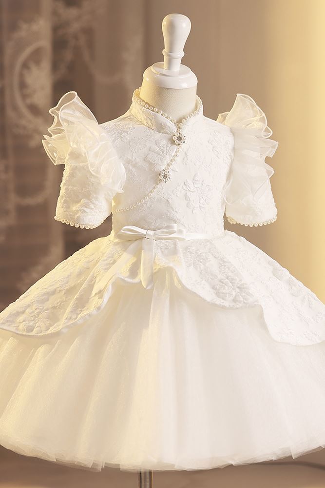 Prinzessin Stehkragen Wadenlang Satin Blumenmädchenkleider in Weiß