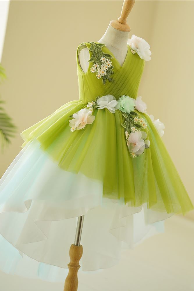 Prinzessin V Ausschnitt Bodenlang Tüll Blumenmädchenkleider in Grün