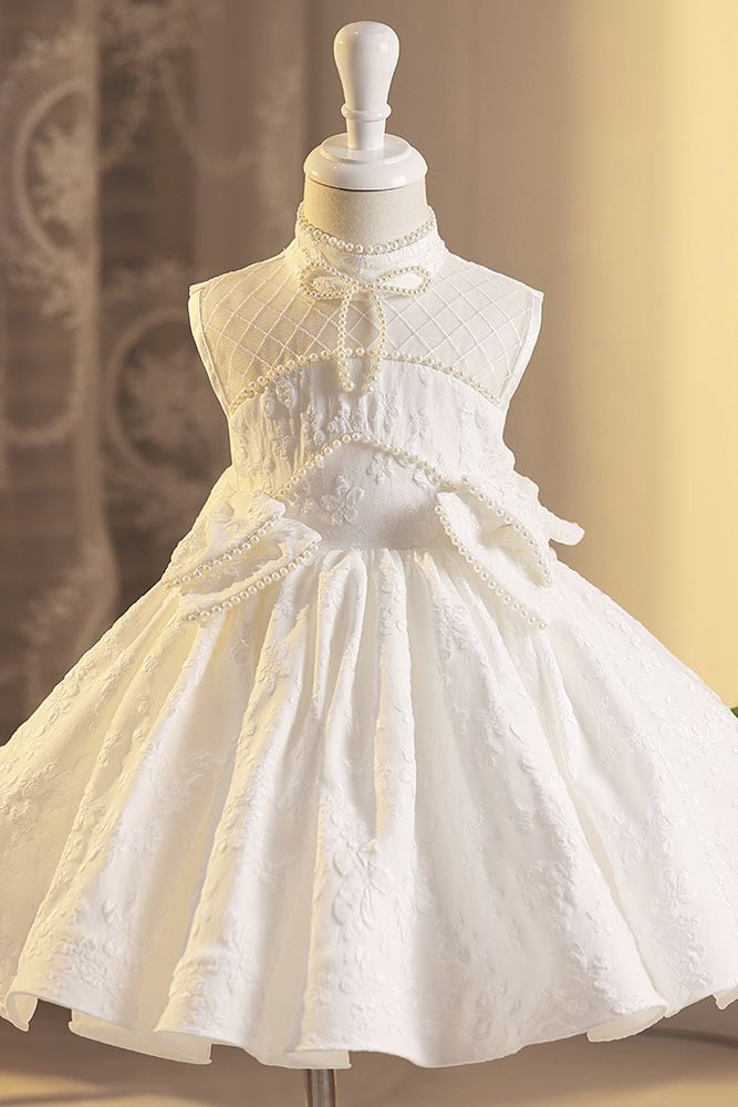 Prinzessin Juwelenhals Wadenlang Satin Blumenmädchenkleider in Weiß