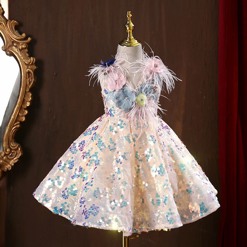 A-Linie Wadenlang Pailletten Blumenmädchenkleider in Champagner