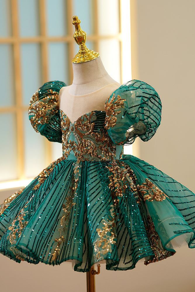 Prinzessin Runden Wadenlang Pailletten Blumenmädchenkleider Dunkelgrün