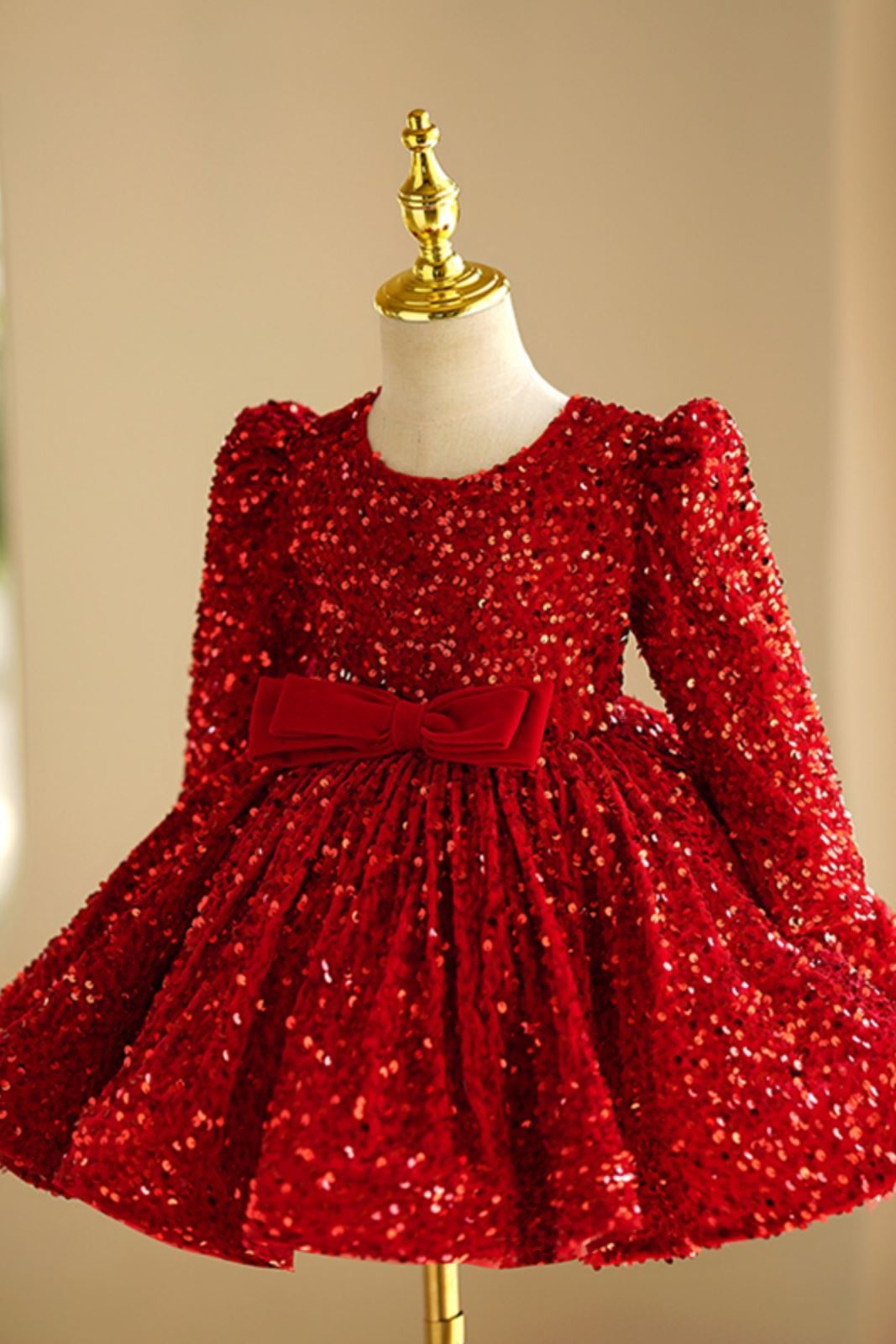 Prinzessin Runden Wadenlang Pailletten Blumenmädchenkleider Rot