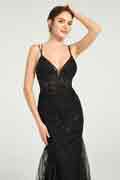 Schwarzes V-Ausschnitt Meerjungfrau Tüll Maxikleid mit Pailletten