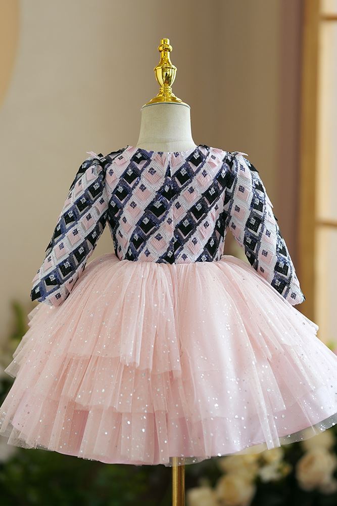 Prinzessin Runden Wadenlang Tüll Blumenmädchenkleider in Rosa