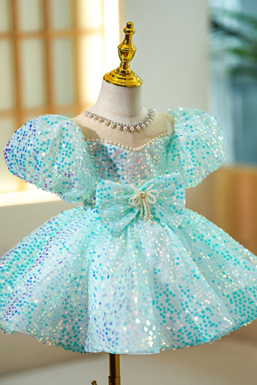 Prinzessin Wadenlang Pailletten Blumenmädchenkleider in Minzgrün