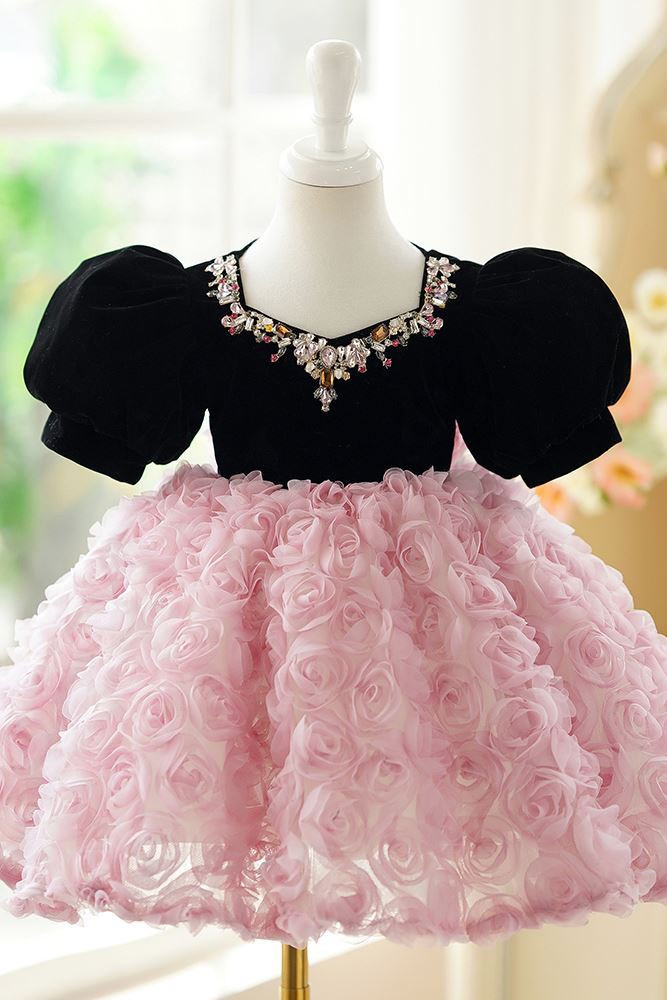 Prinzessin Juwelenhals Wadenlang Spitze Blumenmädchenkleider in Rosa