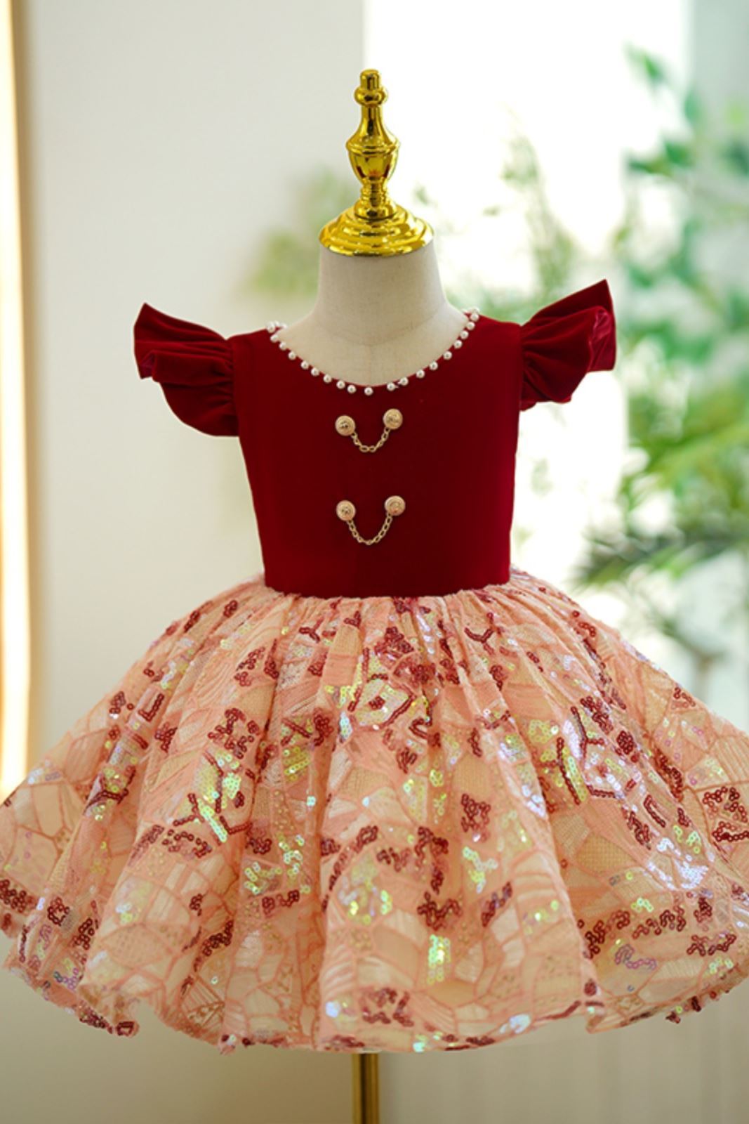 Prinzessin Wadenlang Pailletten Blumenmädchenkleider in Burgundrot