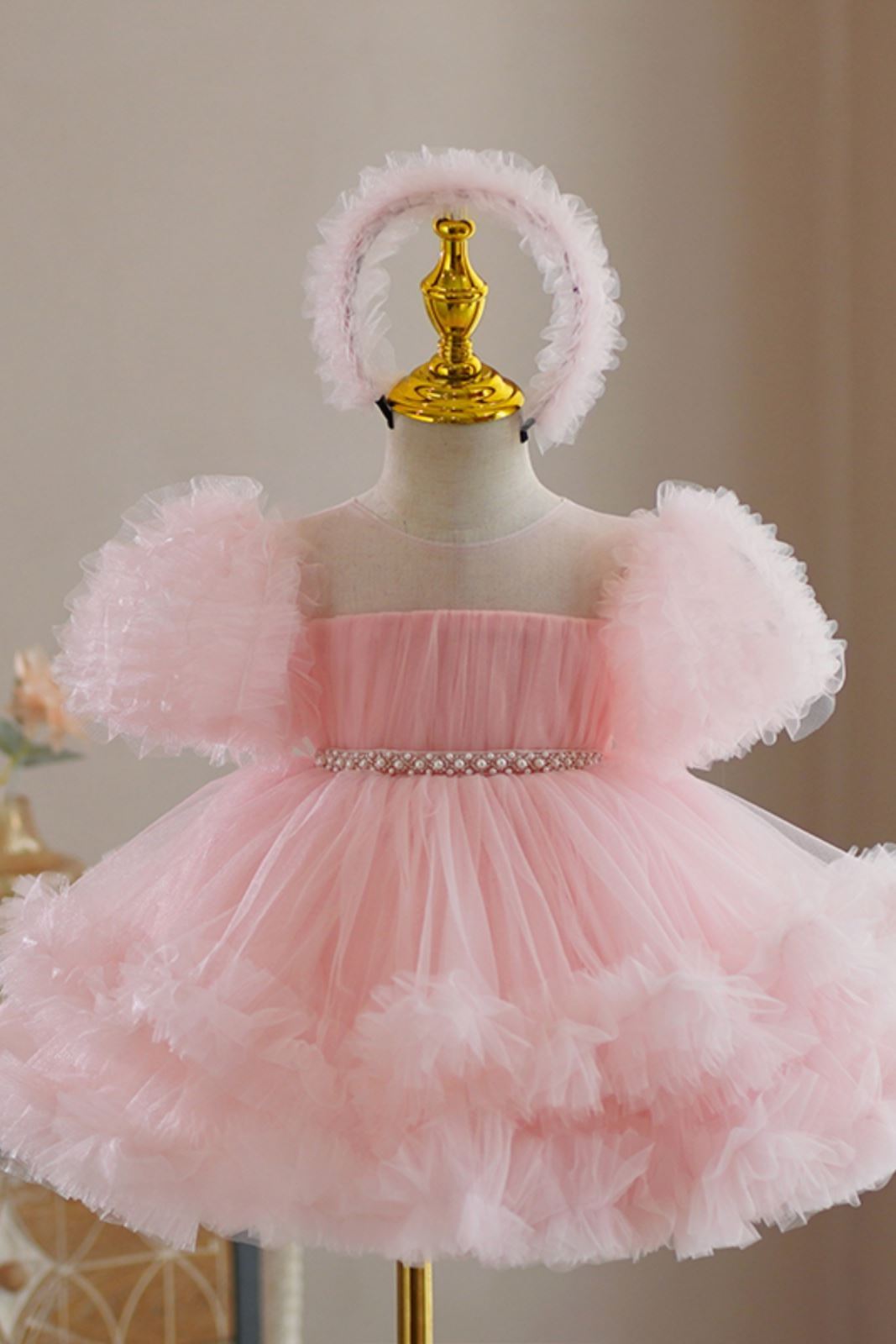 Prinzessin Runden Wadenlang Tüll Blumenmädchenkleider in Rosa