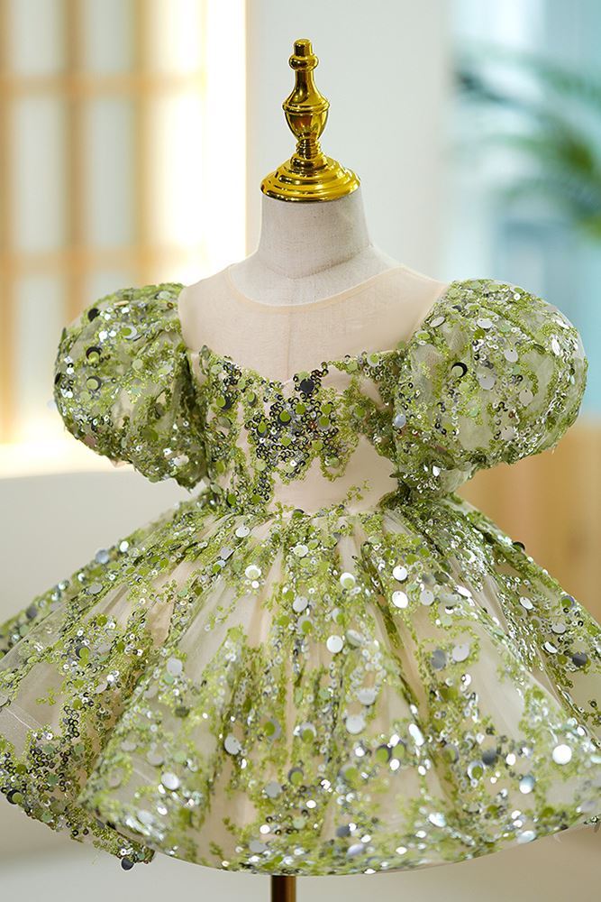 Prinzessin Wadenlang Pailletten Blumenmädchenkleider Grün
