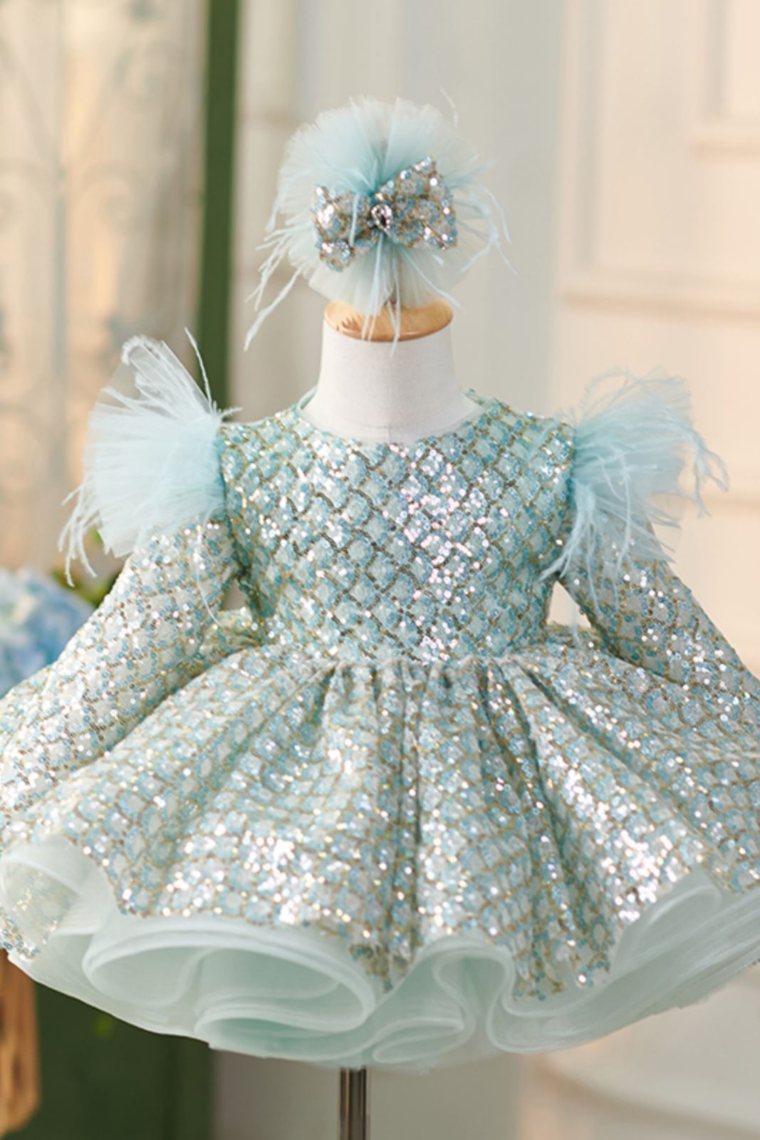 Принцесса Длина по Щиколотку Sequined Детские Платья in Мятно-зеленый