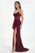 Burgundy Spaghetti Strap Sweetheart Lace-Up Back High Slit Gown