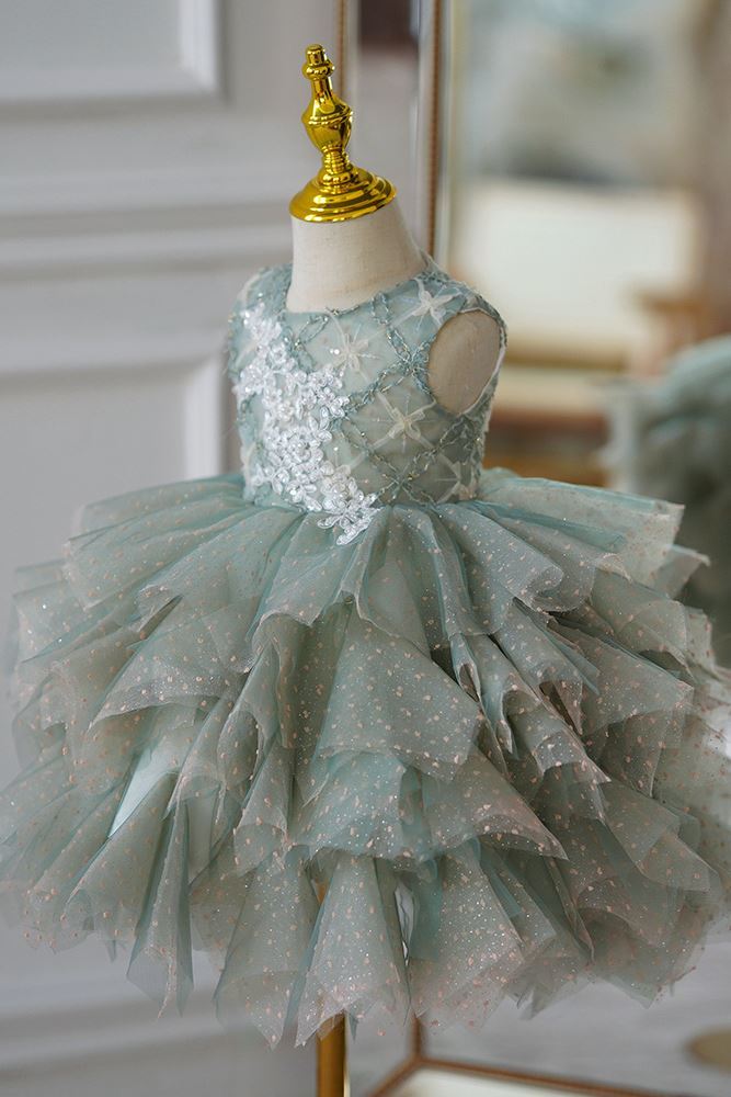 Runden Wadenlang Tüll Blumenmädchenkleider in Grün