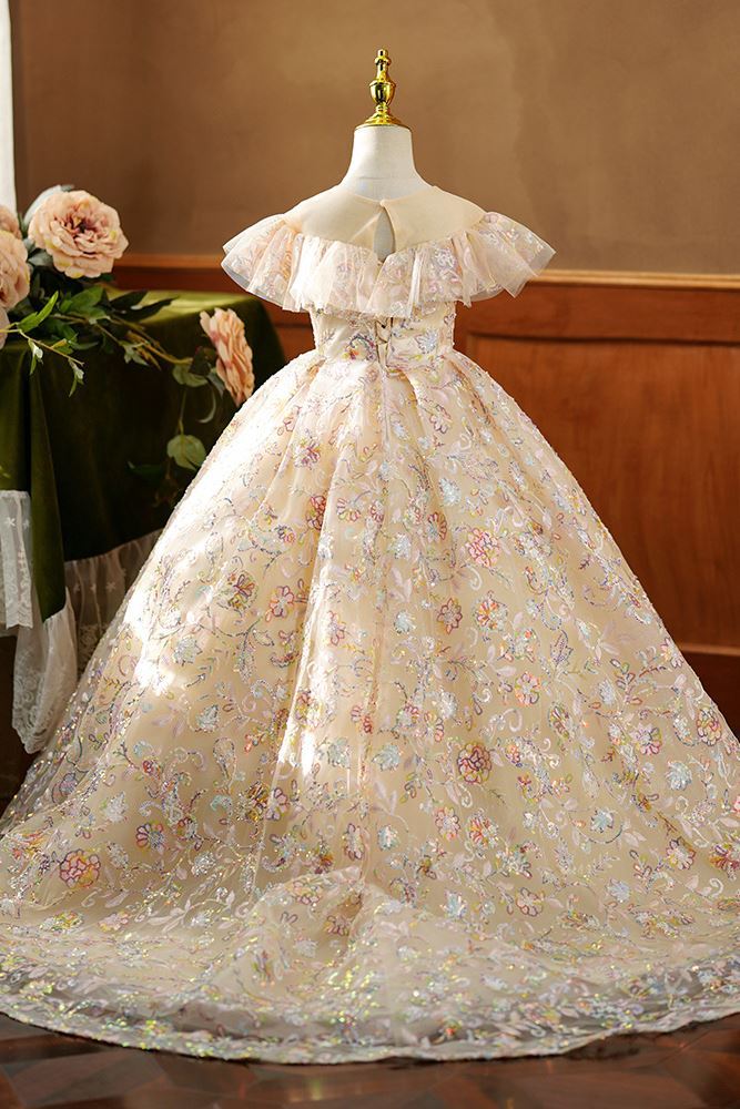 Prinzessin Bodenlang Pailletten Blumenmädchenkleider in Champagner