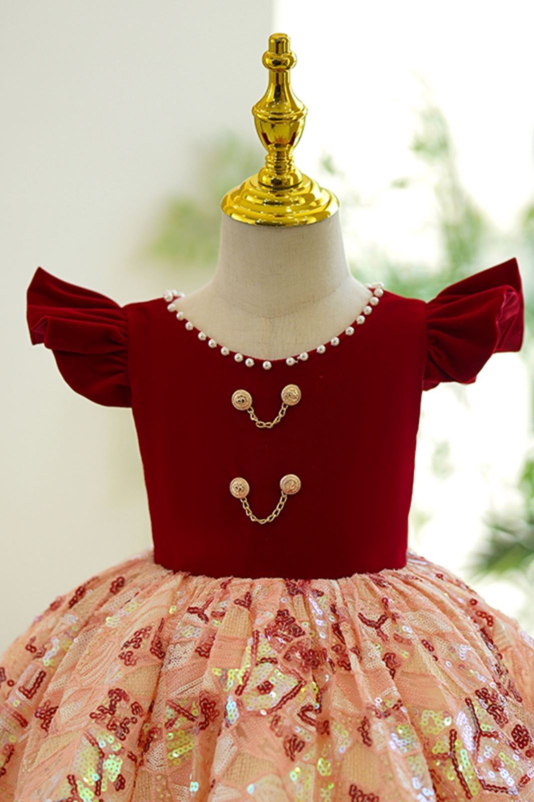 Prinzessin Wadenlang Pailletten Blumenmädchenkleider in Burgundrot