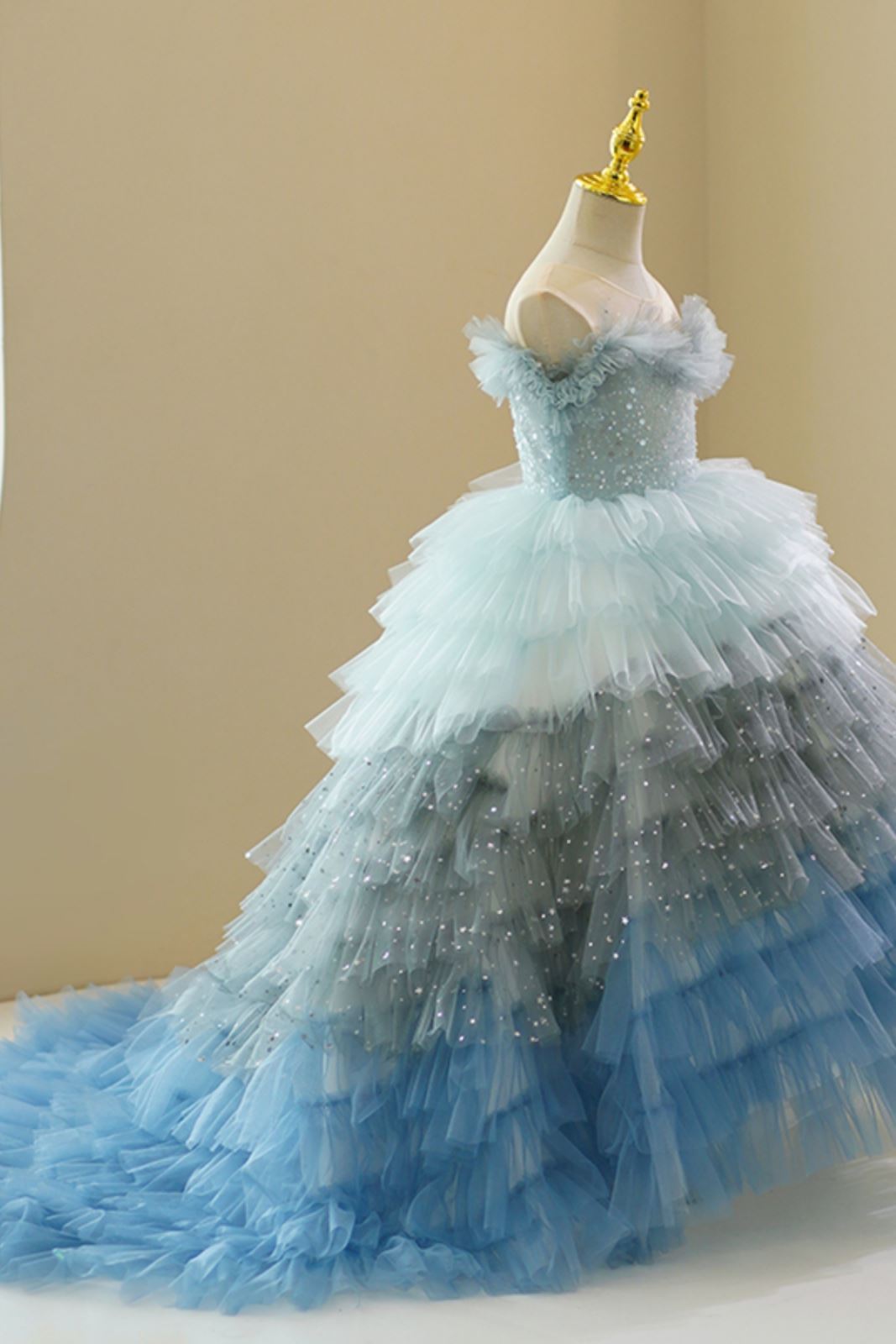 Prinzessin Bodenlang Tüll Blumenmädchenkleider in Staubigblau