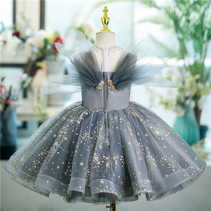 Prinzessin Juwelenhals Wadenlang Tüll Blumenmädchenkleider in Grau