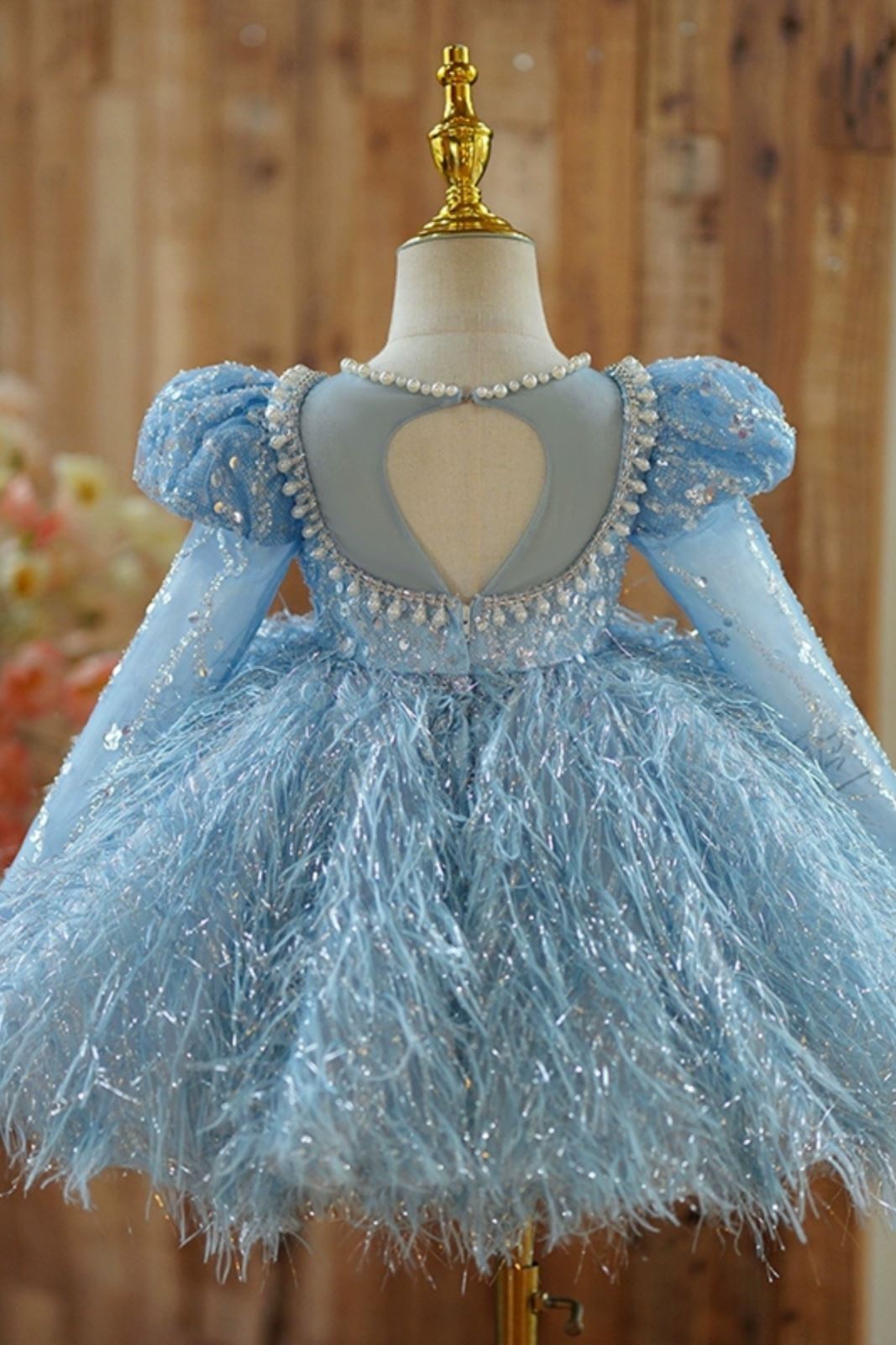 Prinzessin Juwelenhals Wadenlang Tüll Blumenmädchenkleider in Blau