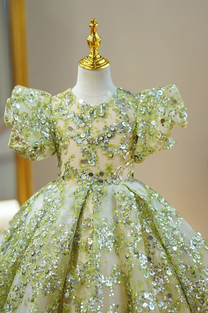 Prinzessin Runden Bodenlang Pailletten Blumenmädchenkleider Salbeigrün