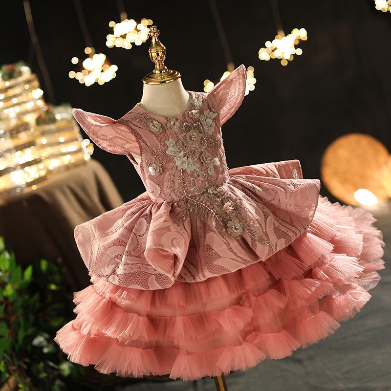 Prinzessin Runden Wadenlang Spitze Blumenmädchenkleider Rosa