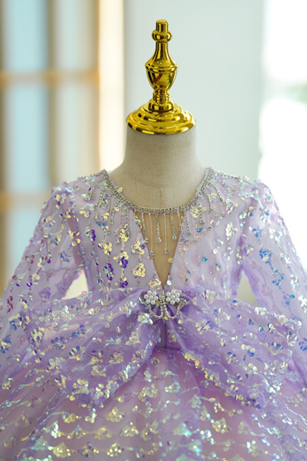 Prinzessin Scoop Wadenlang Pailletten Blumenmädchenkleider in Lila
