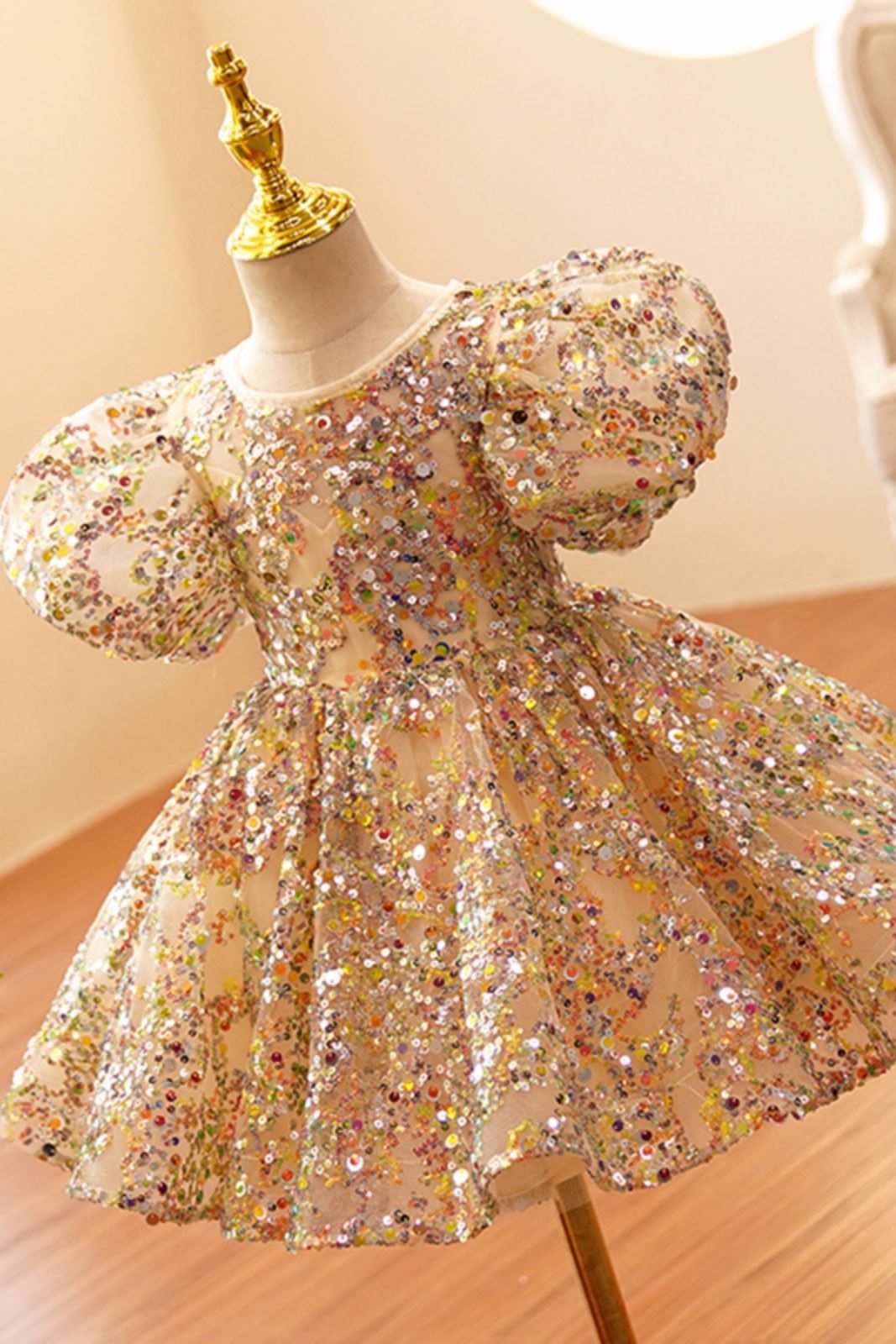 Prinzessin Runden Wadenlang Pailletten Blumenmädchenkleider Gold