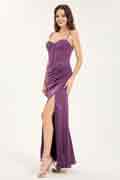 Glitter Satin A-Line Maxi Dress with Sweetheart Neckline & Leg Slit
