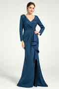 V-Neck Ruched Sheath Maxi Dress with Long Sleeve and Leg Slit