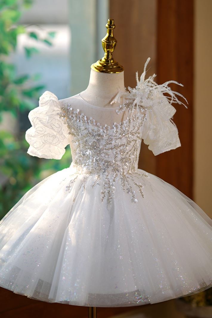 Prinzessin Runden Spitze Blumenmädchenkleider Weiß