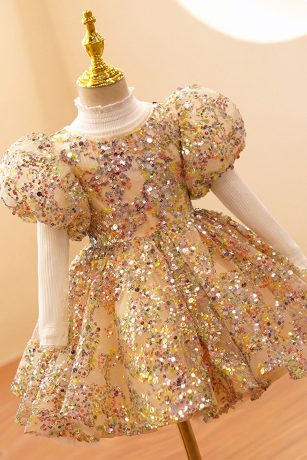 Prinzessin Runden Wadenlang Pailletten Blumenmädchenkleider Gold