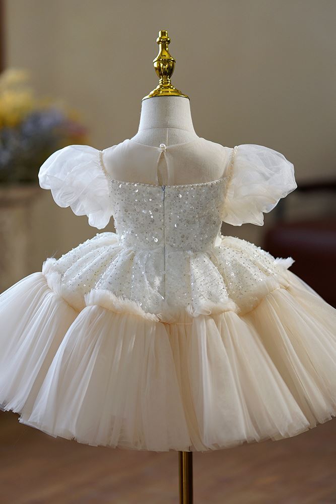 Prinzessin Wadenlang Tüll Blumenmädchenkleider Champagner