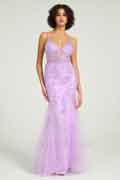 Lilac V-Neck Lace-Up Mermaid Tulle Maxi Formal Prom Dress with Sequin