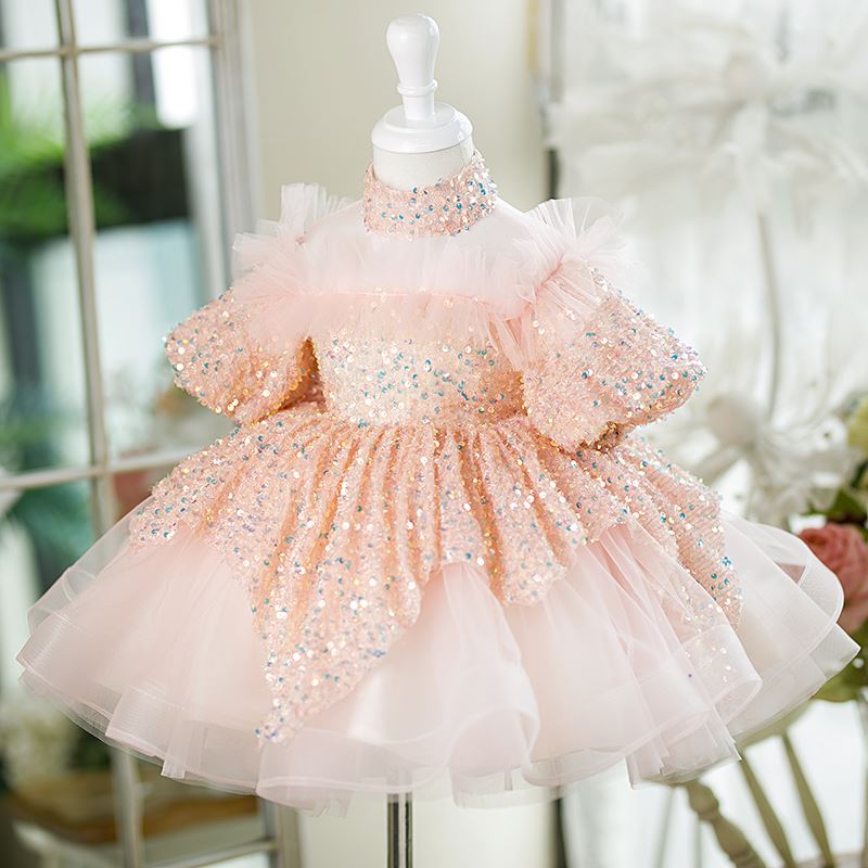 Prinzessin Wadenlang Pailletten Blumenmädchenkleider in Rosa