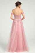 Open Back Glitter Tulle Off-the-Shoulder Ball Gown with Beaded Lace