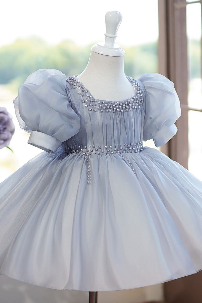 Prinzessin Juwelenhals Wadenlang Organza Blumenmädchenkleider in Grau